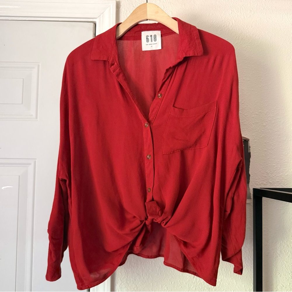 618 six one eight red rayon button up long sleeve shirt blouse top‎
